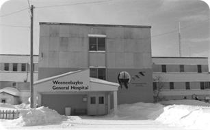 A black and white photo of Weeneebayko General Hospital.